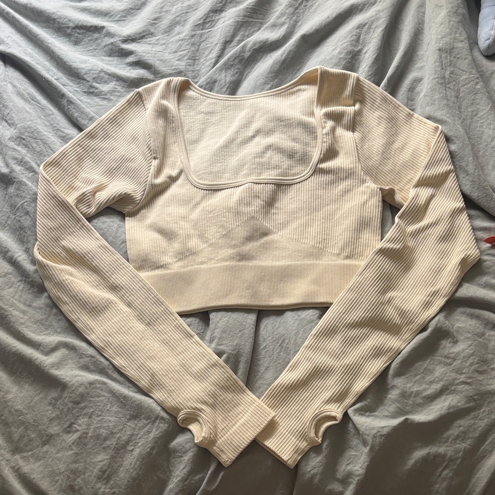 Cream Ribbed Long Sleeve Crop Top